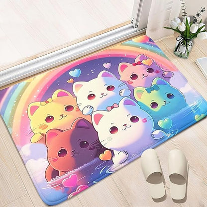 Rainbow Cat Rug for Girls - Colorful Cat Rug for Kids Bedroom Cute Cartoon Cat Pattern Rug Lovely Cat Rugs Room Decor Anime Cat Area Rug, 2x3 Feet - LeafyLoom