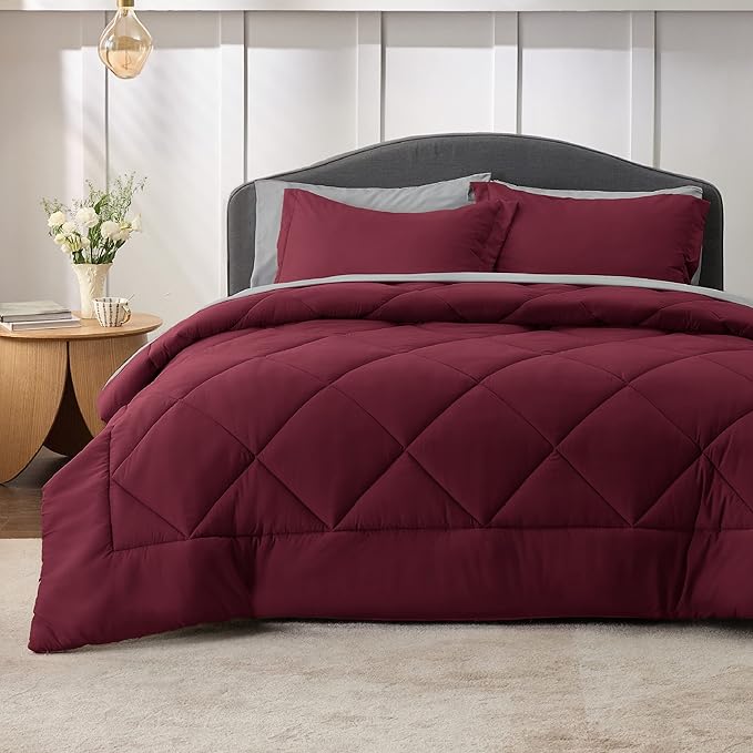 Bedsure Burgundy 7 Piece Reversible Comforter Set - Bed in a Bag with Comforters, Sheets, Pillowcases & Shams - LeafyLoom