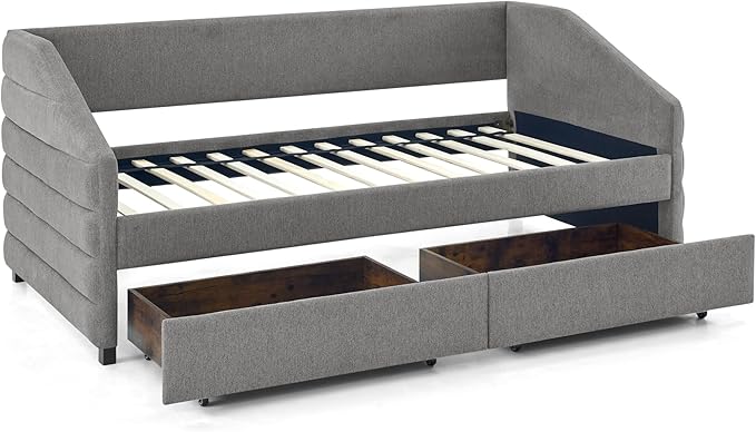 Twin Size Linen Daybed with Dual Storage Drawers, Upholstered Wooden Frame w/Elegant Tufting, No Box Spring Necessary, Space-Saving Solution for Compact Areas - LeafyLoom