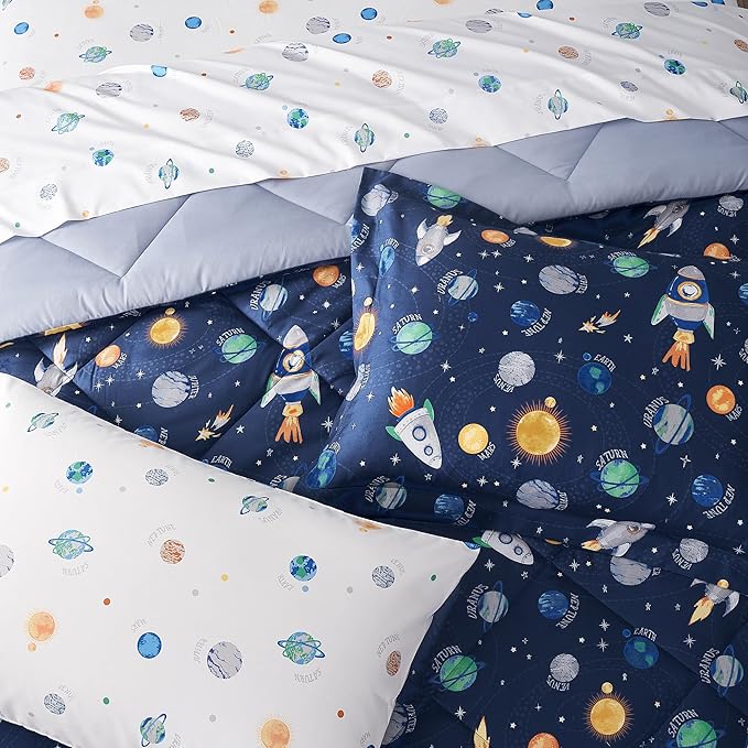 Kids Bedding Set for Boys, Twin Size 5 Pieces Space Themed Bed in a Bag, Super Soft Lightweight Microfiber Comforter Set with Sheets, Hotel Quality Durable Children Bed Set - LeafyLoom