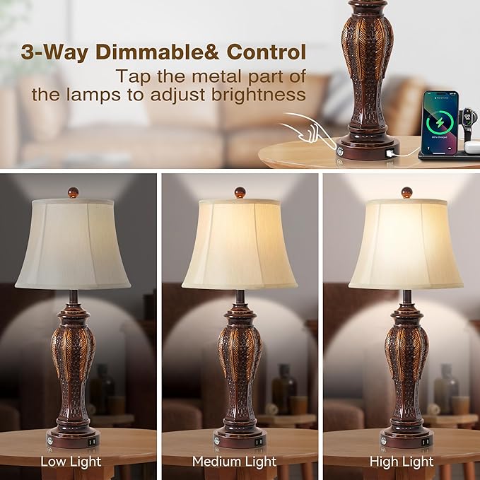 27.5''Tall Bedroom Lamps Set of 2,Rustic Farmhouse Table Lamps for Living Room,3-Way Dimmable Touch Bedside Lamps with 2-USB Charging Ports for Nightstand (Retro Bronze) - LeafyLoom