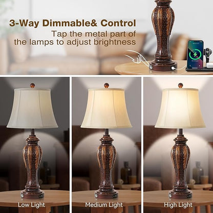 27.5''Tall Bedroom Lamps Set of 2,Rustic Farmhouse Table Lamps for Living Room,3-Way Dimmable Touch Bedside Lamps with 2-USB Charging Ports for Nightstand (Retro Bronze) - LeafyLoom