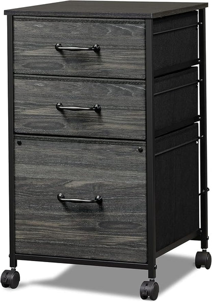 DEVAISE Mobile File Cabinet, Rolling Printer Stand with 3 Drawers, Fabric Vertical Filing Cabinet fits A4 or Letter Size for Home Office, Charcoal Black Wood Grain Print - LeafyLoom