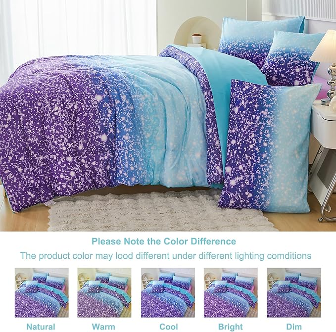 PERFEMET 6Pcs Full Size Comforter Sets for Girls Blue Purple Ombre Rainbow Kids Bedding Set Colorful Tie Dye Glitter Teen Girls Bedroom Decor Bed in A Bag - LeafyLoom