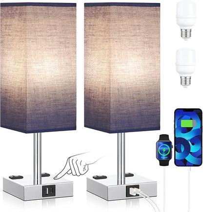 aooshine SW1 Blue Touch Lamp Set of 2 with USB Port Nightstand Lamp with USB-C+A Charge Ports& AC Outlets, 3-Way Dimmable Bedside Lamp, Small Table Lamp for Bedroom Living Room (Bulb Included) - LeafyLoom