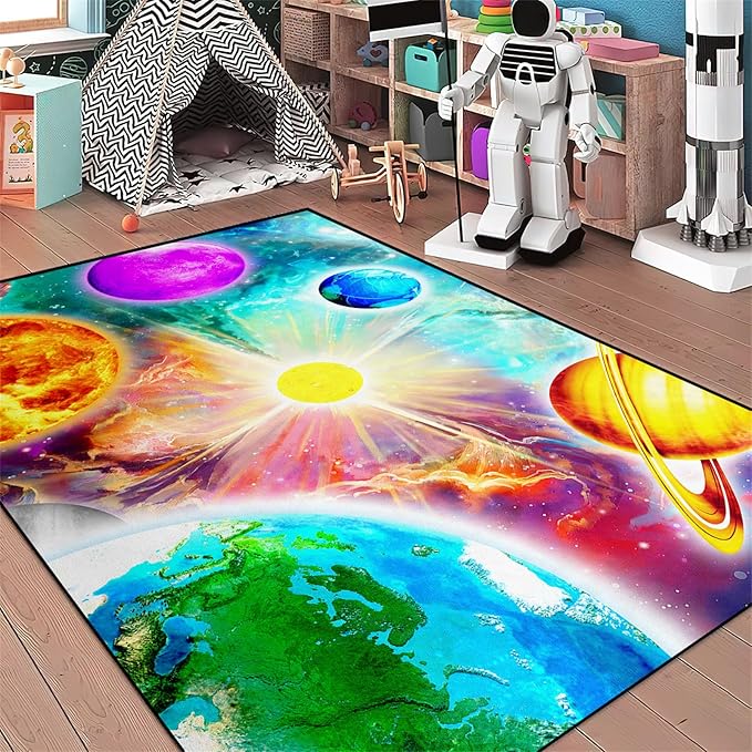 Space Rug for Boys Room - Solar System Rugs for Boys Bedroom Outer Space Area Rug for Boys Bedroom Kids Rugs for Playroom Galaxy Area Rugs for Kids Bedroom Space Rug Living Room,5'×7' - LeafyLoom