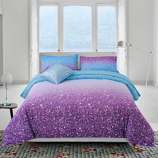 A Nice Night Girls Comforter Set Full Size 6 Piece Bed in A Bag 3D Colorful Sparkle Galaxy Rainbow Bedding Comforter Sheet Sets for Kids,BluePurple - LeafyLoom