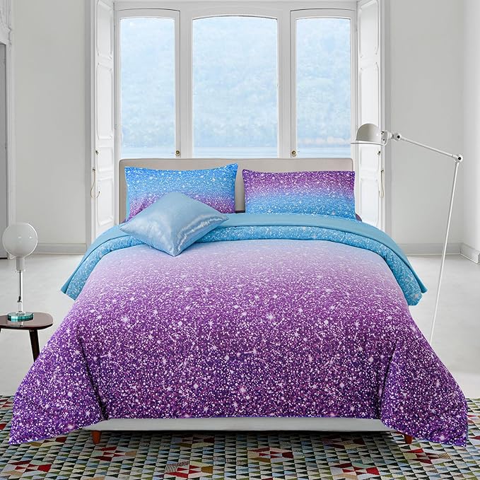 A Nice Night Girls Comforter Set Twin Size 6 Piece Bed in A Bag 3D Colorful Sparkle Galaxy Rainbow Bedding Comforter Sheet Sets for Kids,BluePurple - LeafyLoom