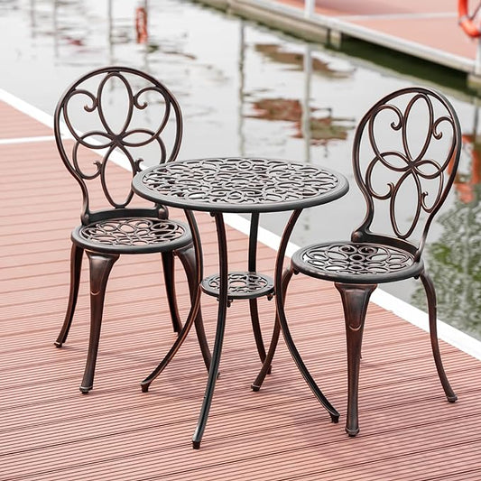 3 Piece Outdoor Bistro Set, Cast Aluminum Bistro Table and Chairs Set, Weather Resistant Patio Metal Bistro Sets, Patio Table Set with Umbrella Hole for Balcony Backyard Garden - LeafyLoom