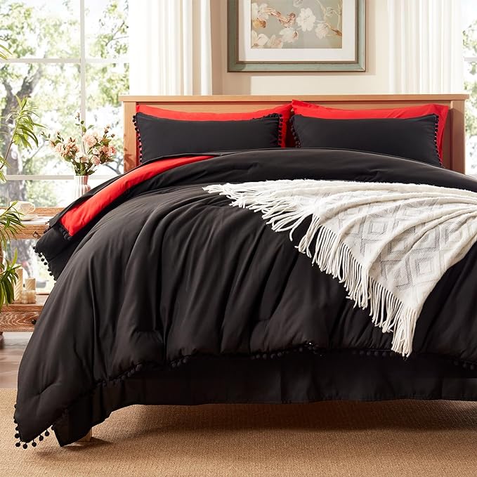 Anluoer King Comforter Set 7 Piece, Black Bed in a Bag with Sheets, Pom Pom Boho Bedding Comforter Sets with 1 Comforter, 2 Pillow Shams, 2 Pillowcases, 1 Flat Sheet, 1 Fitted Sheet - LeafyLoom