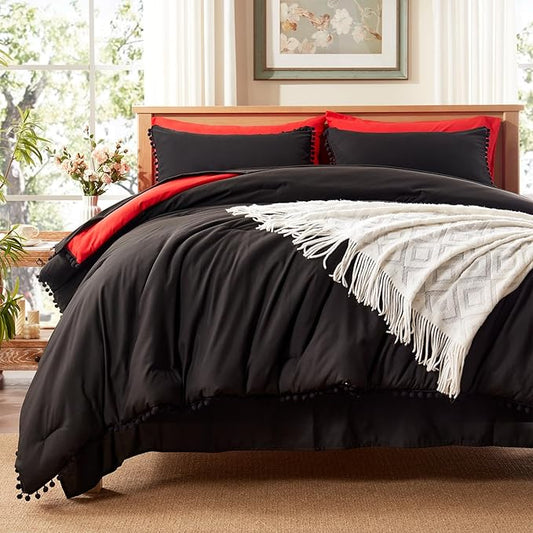 Anluoer Twin Comforter Set 5 Piece, Black Bed in a Bag with Sheets, Pom Pom Boho Bedding Comforter Sets with 1 Comforter, 1 Pillow Sham, 1 Pillowcase, 1 Flat Sheet, 1 Fitted Sheet - LeafyLoom