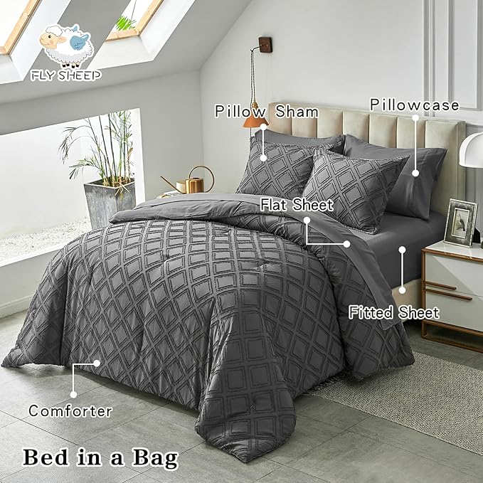 7 Pieces Tufted Bed in a Bag King Comforter Set with Sheets Dark Grey, Soft and Embroidery Shabby Chic Boho Bohemian, Luxury Solid Color with Diamond Pattern, Jacquard Tufts Bedding Set for All Season - LeafyLoom