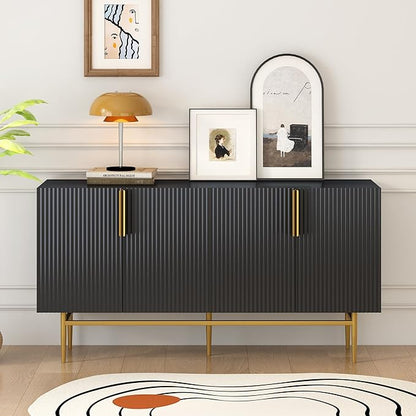 60" Modern 4-Door Elegant Sideboard with Gold Metal Handles and Legs,Storage Buffet Cabinet,W/Adjustable Shelves & Open Countertop,Console Table for Dining Living Room Hallway,Black - LeafyLoom