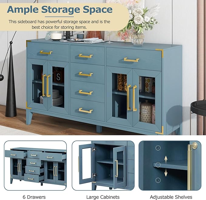 60" Retro Sideboard with 6-Drawer and 2-Cabinet,Multifunctional Buffet,w/Gold Handles & Solid Wood Legs,Extra Large Storage Space,for Kitchen and Living Room,Antique Blue - LeafyLoom