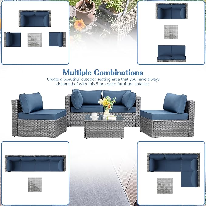 Shintenchi 5 Pieces Outdoor Patio Sectional Sofa Couch, Silver Gray PE Wicker Furniture Conversation Sets with Washable Cushions & Glass Coffee Table for Garden, Poolside, Backyard (Aegean Blue) - LeafyLoom