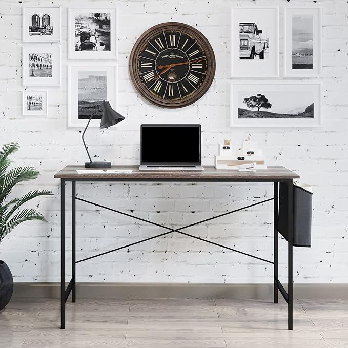 Lavish Home Modern Computer Desk with Industrial Style Woodgrain Look and Steel for Home Office, Bedroom, or Craft Table, with Storage Bag, (L) 47” x (W) 23.5” x (H) 29.5”, Gray - LeafyLoom