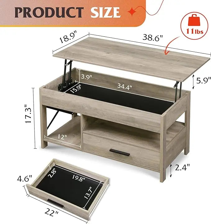 WLIVE Coffee Table, 39" Lift Top Coffee Table with Hidden Compartment and Sorage Drawers for Living Room,Grey - LeafyLoom