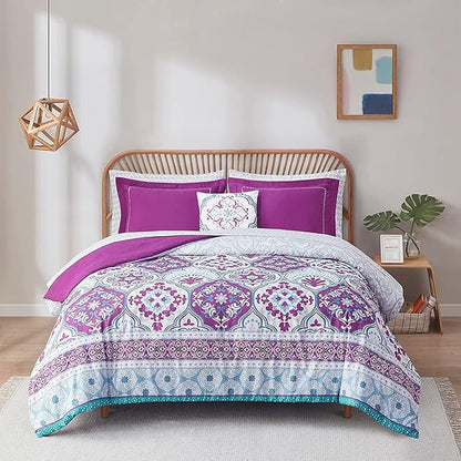 Degrees of Comfort Purple Comforter Set,Queen Boho Bedding Sets with Sheets,Bohemian Microfibe Bed in A Bag with Side Pockets, Matching Decorative Pillow, 8 Piece - LeafyLoom