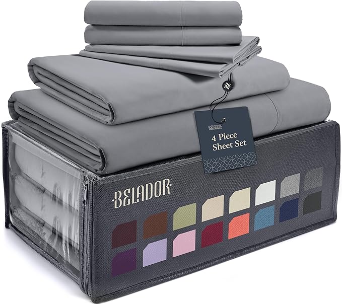 BELADOR Silky Soft Sheet Set - Luxury 4 Piece, for Twin Size Bed, Secure-Fit Deep Pocket Sheets with Elastic, Breathable Hotel Sheets and Pillowcase Set, Wrinkle Free Oeko-Tex Sheets - LeafyLoom