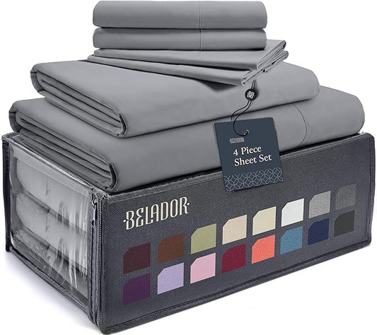 BELADOR Silky Soft Sheet Set - Luxury 4 Piece, for Twin Size Bed, Secure-Fit Deep Pocket Sheets with Elastic, Breathable Hotel Sheets and Pillowcase Set, Wrinkle Free Oeko-Tex Sheets - LeafyLoom