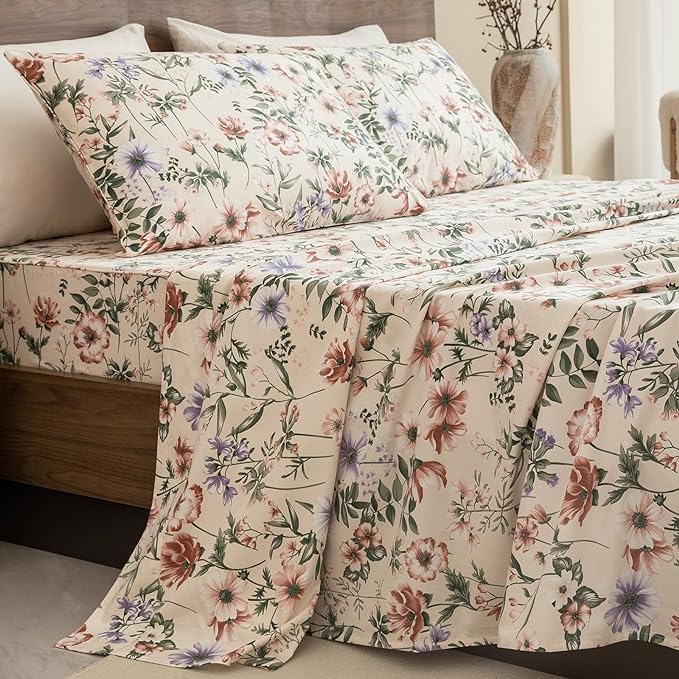 QSH Floral Egyptian Cotton Sheets King Size - Pink Flowers Green Leaves Pattern Printed Bedding King Size Bed Sheets 17.5" Extra Deep Pocket 4pcs - LeafyLoom