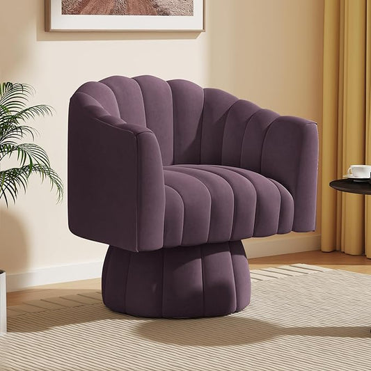 Accent Chair Mid Century 360 Degree Swivel Chair,Modern Lounge Sofa Round Barrel Chair with Wide Upholstered,Fluffy Velvet Fabric Chairs for Home Sofa Living Room/Bedroom/Waiting Room(Purple) - LeafyLoom