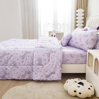 Mooreeke Full Size Comforter Sets for Girls Kids, 8 Pieces Bed in a Bag Purple Floral Unicorn Bedding Comforter Sheet Set with Shams and Decorative Toy Pillow, Ultral Soft Microfiber Kids Bed Set - LeafyLoom