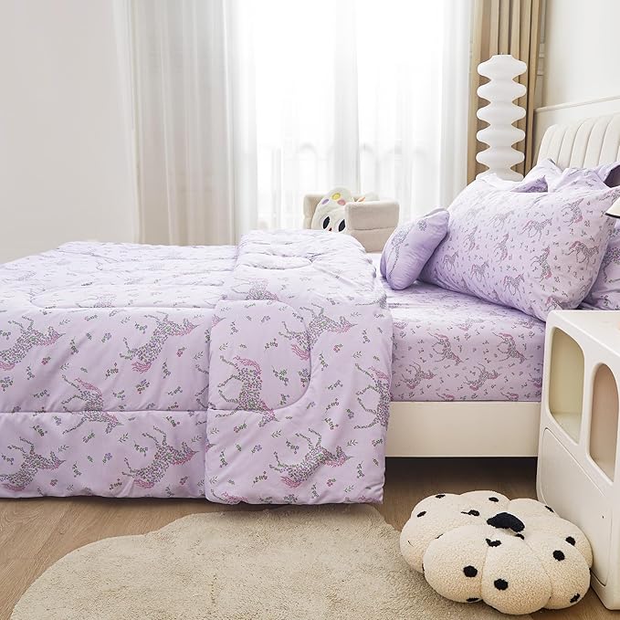 Mooreeke Twin Size Comforter Sets for Girls Kids, 6 Pieces Bed in a Bag Purple Floral Unicorn Bedding Comforter Sheet Set with Shams and Decorative Toy Pillow, Ultral Soft Microfiber Kids Bed Set - LeafyLoom