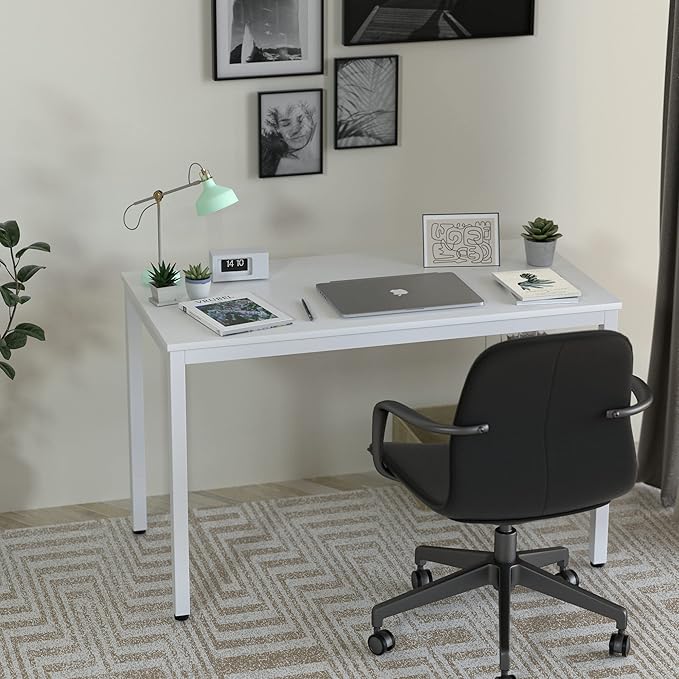 White Computer Desk 47" Writing Desk Study Table with CPU Storage Shelf for Home Office, Workstation, Office, Gaming Room- Sturdy Stable White Metal Frame - LeafyLoom