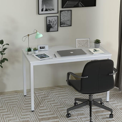 White Computer Desk 47" Writing Desk Study Table with CPU Storage Shelf for Home Office, Workstation, Office, Gaming Room- Sturdy Stable White Metal Frame - LeafyLoom