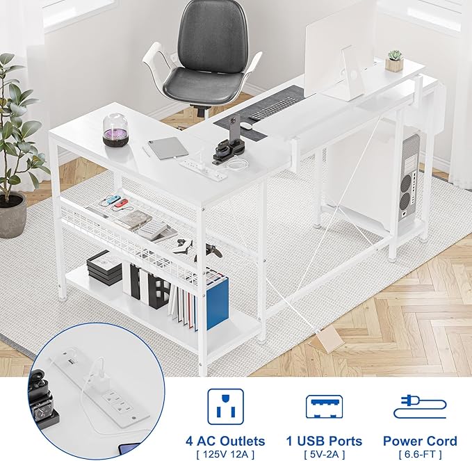 L Shaped Computer Desk with Power Outlets & LED Light, 49.6" Reversible Corner Computer Desk with Storage Shelves & Monitor Stand, Home Office Desk, Gaming Desk, Writing Desk (White) - LeafyLoom