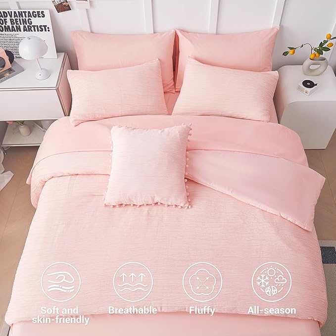 8 Piece Woven Texture Pink Comforter Set Queen, Bed in a Bag Bedding Sets Queen with Comforter and Sheets, Soft Lightweight Comforter Set with Deocor Throw Pillow, Pink - LeafyLoom