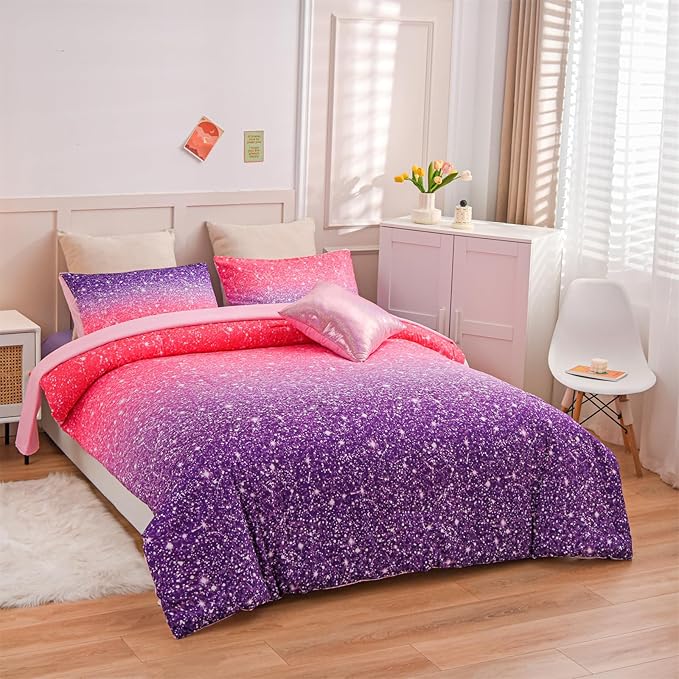 A Nice Night Girls Comforter Set Twin Size 6 Piece Bed in A Bag 3D Colorful Sparkle Galaxy Rainbow Bedding Comforter Sheet Sets for Kids,RedPurple - LeafyLoom