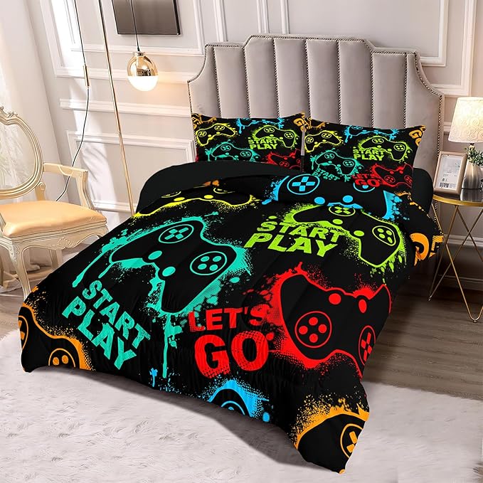 Kids Comforter Bedding Set Twin Size, 3 Piece Super Soft Breathable Print Kids Bedding Sets for Boys, Machine Washable Durable Comforter Set with Comforter and 2 Pillowcases (Twin, GamePad) - LeafyLoom