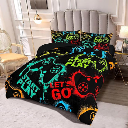 Kids Comforter Bedding Set Full Size 5 Piece Super Soft Breathable Print Kids Bedding Sets for Boys, Washable Durable Comforter Set with Comforter, Shams, Sheet, 2 Pillowcases (GamePad) - LeafyLoom