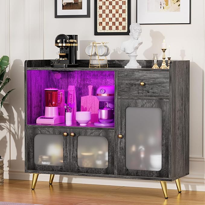 Cyclysio Sideboard Buffet Cabinet with Power Outlet, Kitchen Cabinet with LED Lights, Large Bar Cart Accent Buffet Cabinet with Door for Bedroom, Living Room, Kitchen, Hallway, Grey - LeafyLoom