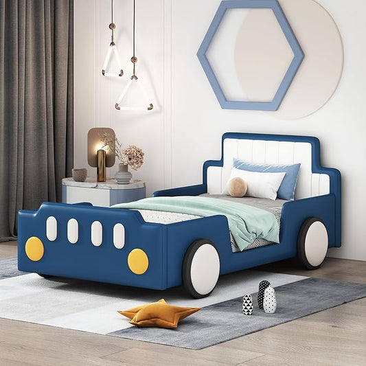 Twin Size Race Car Bed with Wheels,Kids Car-Shaped Beds W/Safety Guardrail,Slats Support,Easy Assembly,Wooden Platform Bedframe for Boys Toddlers Child's Bedroom,Blue PU - LeafyLoom