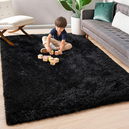 Super Soft Fluffy Shaggy Rugs 3x5 Feet for Living Room Bedroom, Fuzzy Plush Area Rugs for Girls Kids Room Nursery Home Decor, Furry Dorm Rug Cute Non-Slip Indoor Floor Carpet, Black - LeafyLoom