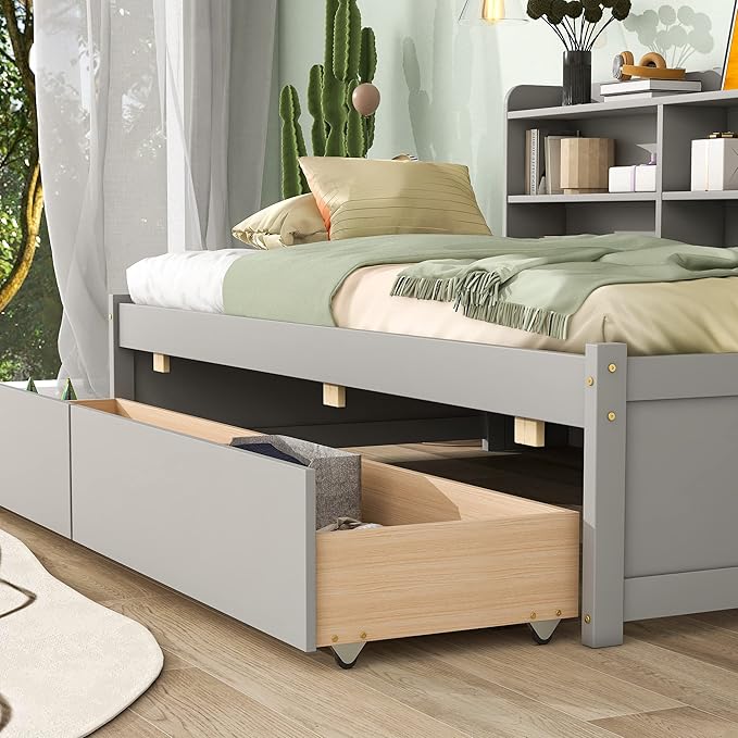 Twin Size Platform 2 Storage Drawers and Side Bookcase, Solid Wood Day Captain, Ideal Bed Frame for Bedroom, Living Room, Gray - LeafyLoom