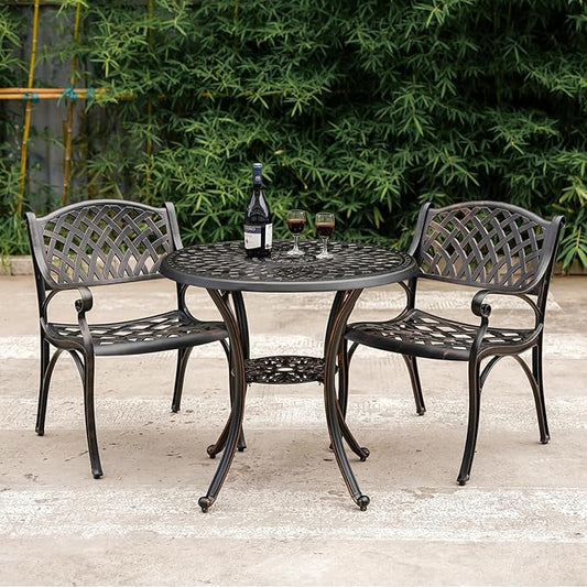 Cast Aluminum Patio Dining Set, Outdoor Bistro Set, 31.5" Round Patio Table with Umbrella Hole, 2 Patio Chairs for Yard Porch Garden Balcony - LeafyLoom