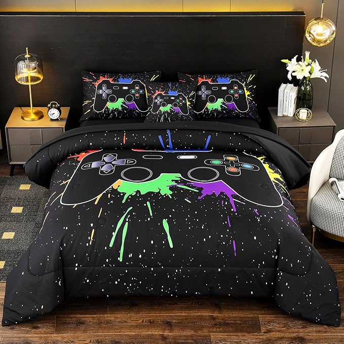 DORCAS Full Size Gamer Comforter Set with Sheets for Boys,Game Console Black Bedding Set for Kids,6 Pieces Bed in a Bag Colorful Graffiti Gaming Controller Comforter,Sheets,Pillowcases (Black, Full) - LeafyLoom