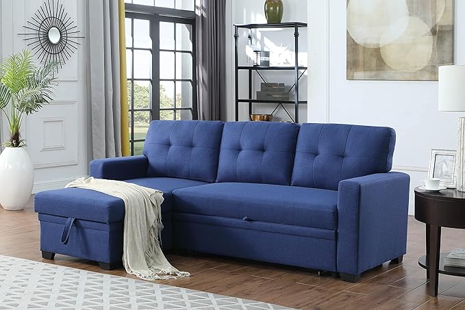 RITSU L-Shaped Convertible Sectional Sofa, Pull Out Sleeper Bed Corner Couch with Storage Space, Linen Tufted Cushions, for Living Room,Office,Apartment, Blue, 82 inch - LeafyLoom