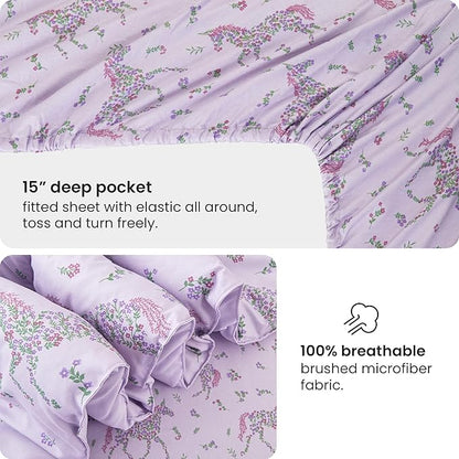 Mooreeke Full Size Comforter Sets for Girls Kids, 8 Pieces Bed in a Bag Purple Floral Unicorn Bedding Comforter Sheet Set with Shams and Decorative Toy Pillow, Ultral Soft Microfiber Kids Bed Set - LeafyLoom