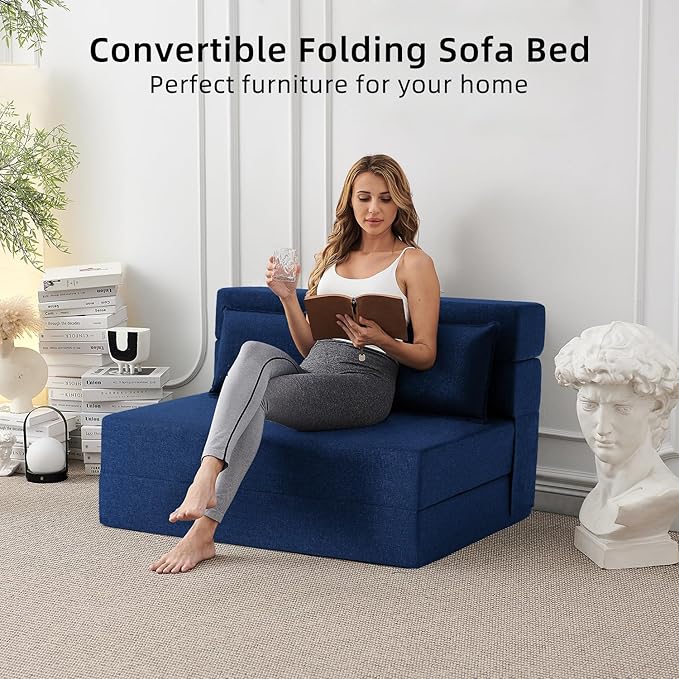 Convertible Folding Sofa Bed - Sleeper Chair with Pillow, Modern Linen Fabric Floor & Futon Couch, Foldable Mattress for Living Room/Dorm/Guest Use/Home Office/Apartment, Full Size, Navy Blue - LeafyLoom