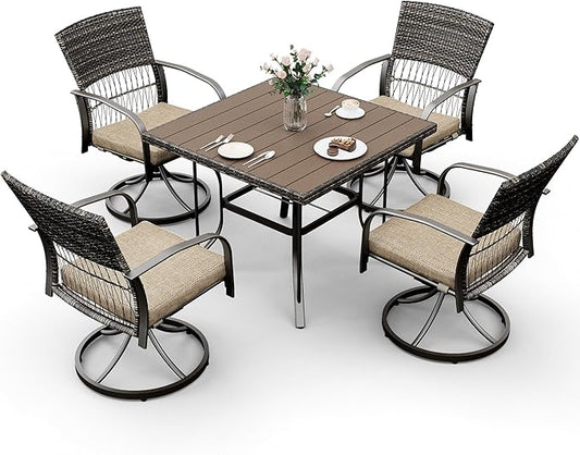 Pamapic 5 Piece Patio Dining Set for 4,Outdoor Wicker Furniture Set for Backyard Garden Deck Poolside with 4 Cushions Swivel Rocker Chairs,Square Plastic-Wood Table Top, Removable Cushions(Beige) - LeafyLoom