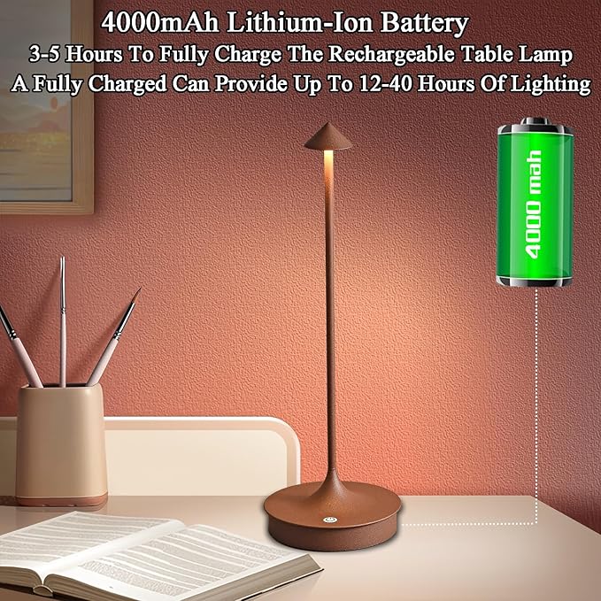 Cordless Table Lamps Rechargeable, LED Desk Lamp 4000mAh Battery Operated Outdoor Waterproof Portable Touch Dimmable Table Light for Patio/Restaurant/Bar/Indoor (Brown-1PC) - LeafyLoom