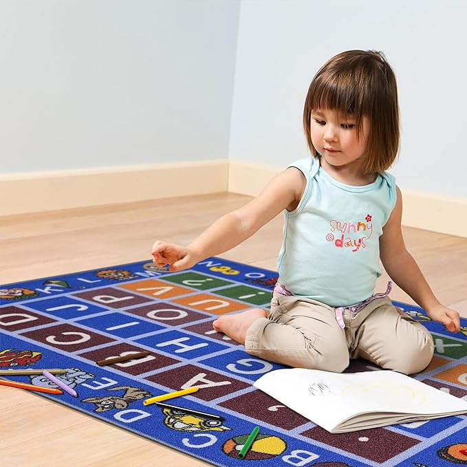 Machine Washable Educational Alphabet Design Non-Slip Rubberback 3x5 Kid's Area Rug for Playroom, Kid's Room, Bedroom, Kindergarten, 3'3" x 5', Blue - LeafyLoom