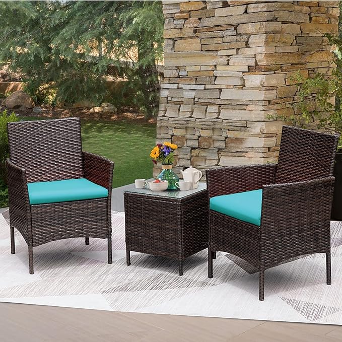 Greesum 3 Pieces Patio Furniture Sets Outdoor PE Rattan Wicker Chairs with Soft Cushion and Glass Coffee Table for Garden Backyard Porch Poolside, Brown and Blue - LeafyLoom