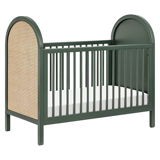 babyletto Bondi Cane 3-in-1 Convertible Crib with Toddler Bed Conversion Kit in Forest Green with Natural Cane, Greenguard Gold Certified - LeafyLoom