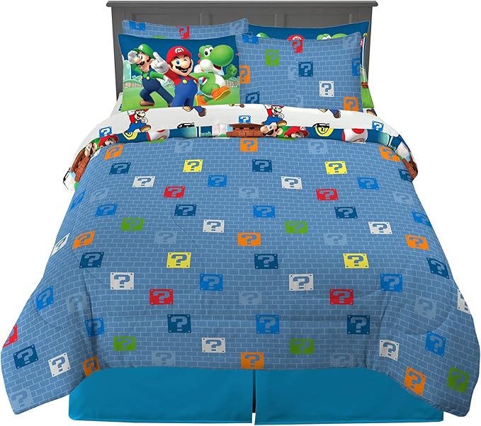 Franco Kids Bedding Super Soft Comforter and Sheet Set with Sham, 7 Piece Full Size, Mario - LeafyLoom